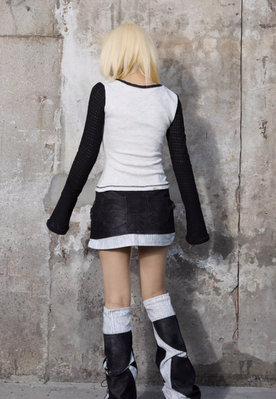 Washed draw-waisted leather short skirt & leg cover ARI0017