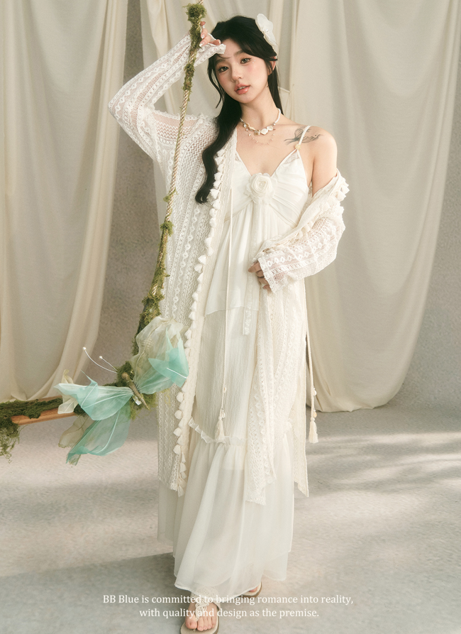 Fringe V-Neck Lace Long Gown Cardigan BBB0056