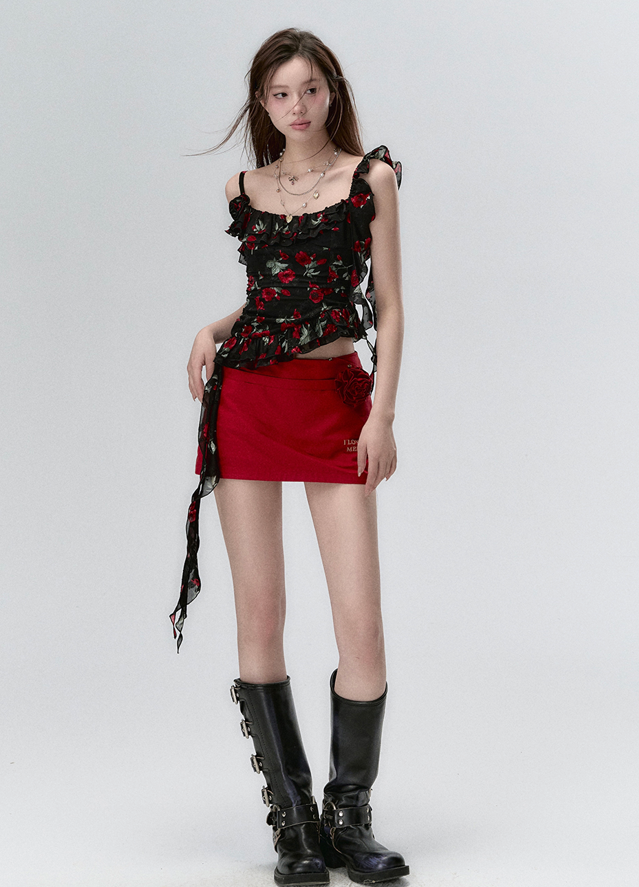 Detachable Wrap-around Skirt Set Flower Print Frilled Sleeveless Top VIA0078