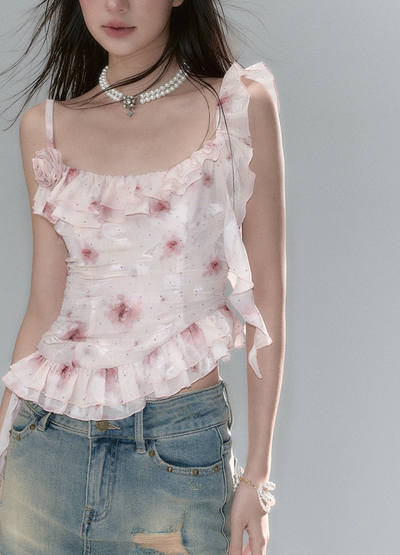 Detachable Wrap-around Skirt Set Flower Print Frilled Sleeveless Top VIA0078