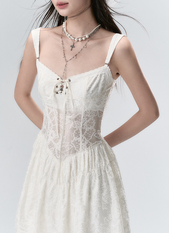 Sequined Lace Design Waist See-through Girly Dress VIA0085