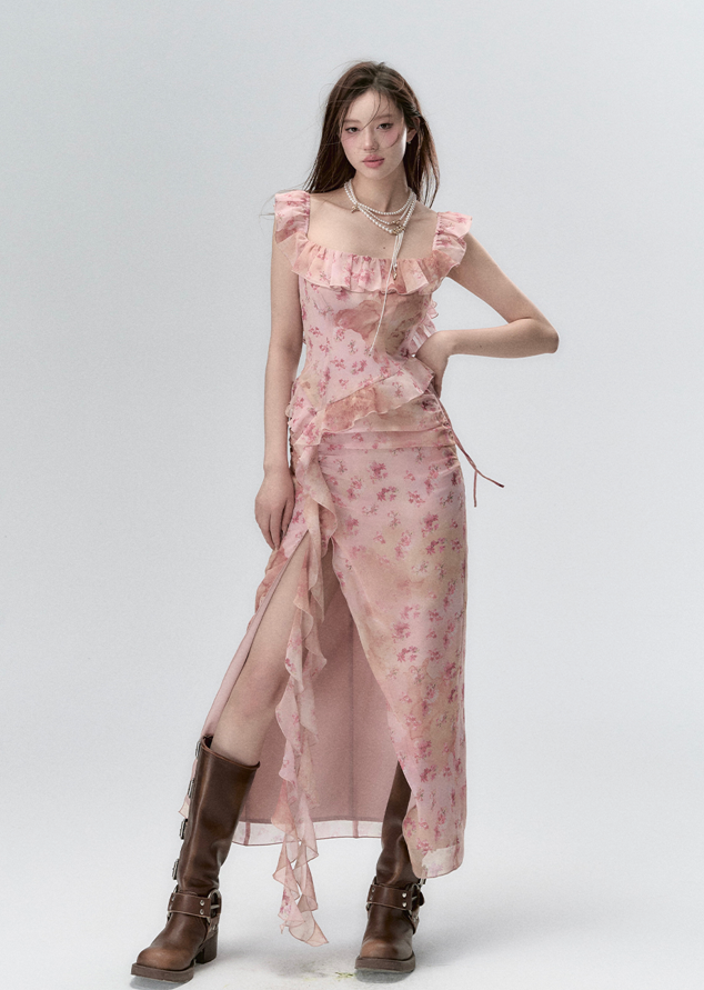 Floral Pattern Side Slit Ruffle Dress VIA0087
