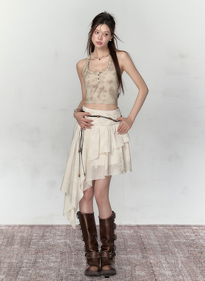 Stain Design Lace Camisole & Short Length Ruffle Tank Top VIA0121
