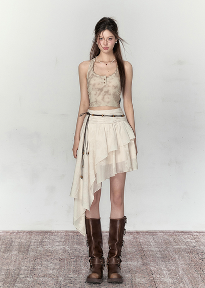 Stain Design Lace Camisole & Short Length Ruffle Tank Top VIA0121