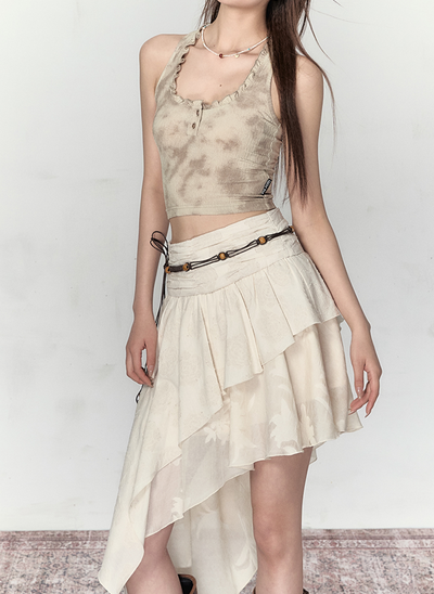 China Rose Pattern Asymmetrical Layered Skirt VIA0125