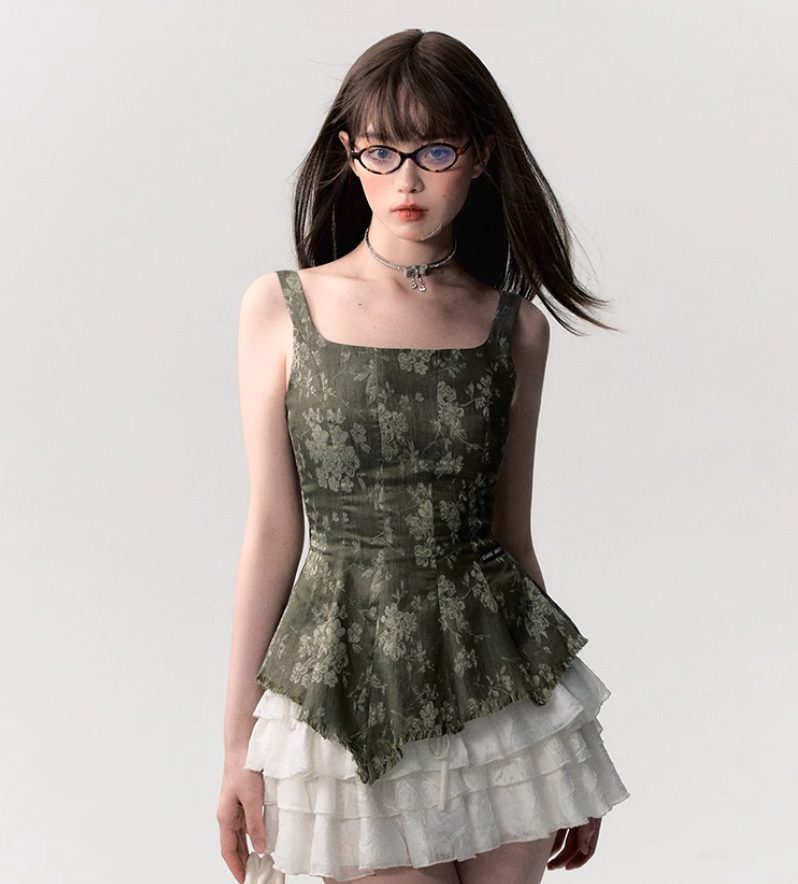 Olive Green Asymmetrical Waist Suspender Top OAK0192