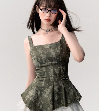 Olive Green Asymmetrical Waist Suspender Top OAK0192