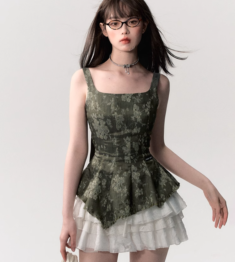 Olive Green Asymmetrical Waist Suspender Top OAK0192