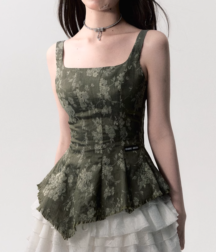 Olive Green Asymmetrical Waist Suspender Top OAK0192