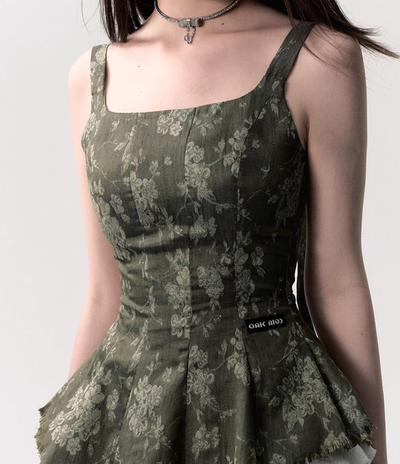 Olive Green Asymmetrical Waist Suspender Top OAK0192