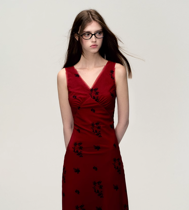 Camellia Red V-neck Long Dress OAK0198