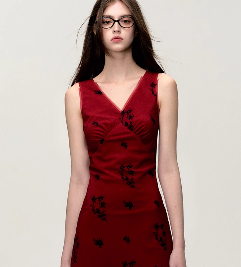 Camellia Red V-neck Long Dress OAK0198