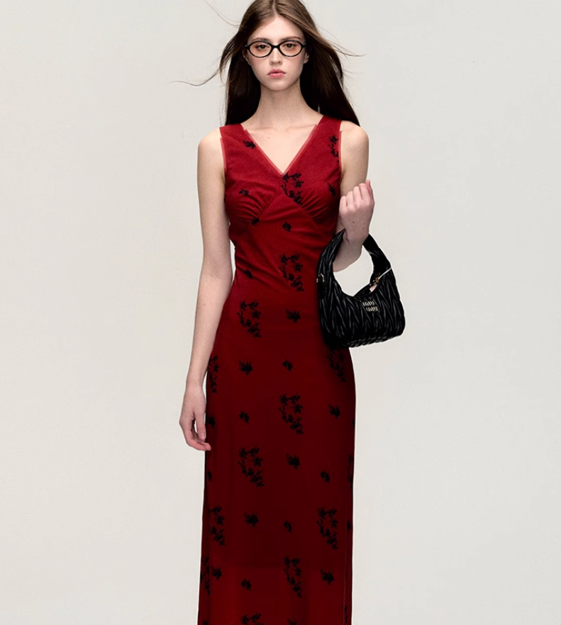 Camellia Red V-neck Long Dress OAK0198