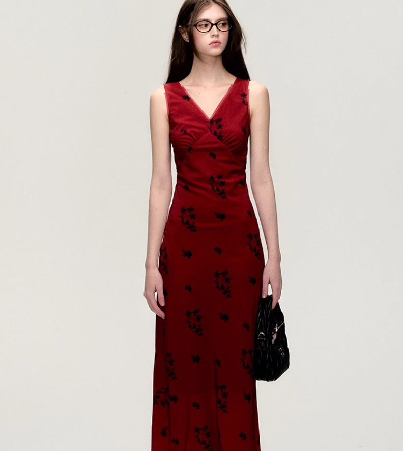 Camellia Red V-neck Long Dress OAK0198