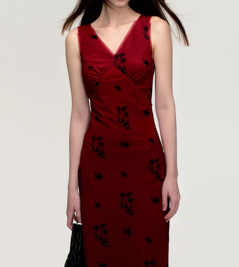 Camellia Red V-neck Long Dress OAK0198