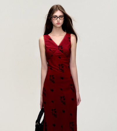 Camellia Red V-neck Long Dress OAK0198