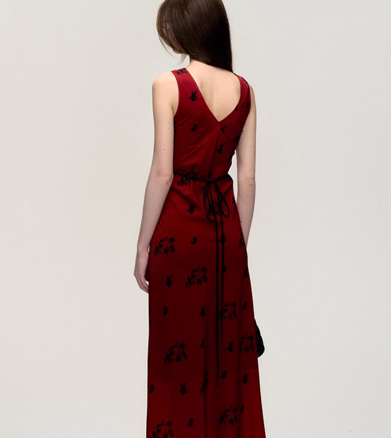 Camellia Red V-neck Long Dress OAK0198