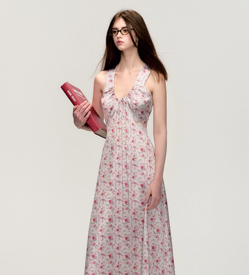 Pink Holiday Style Floral Print Suspender Dress OAK0199