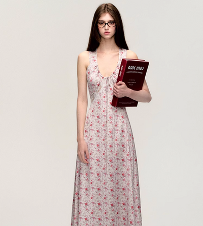 Pink Holiday Style Floral Print Suspender Dress OAK0199