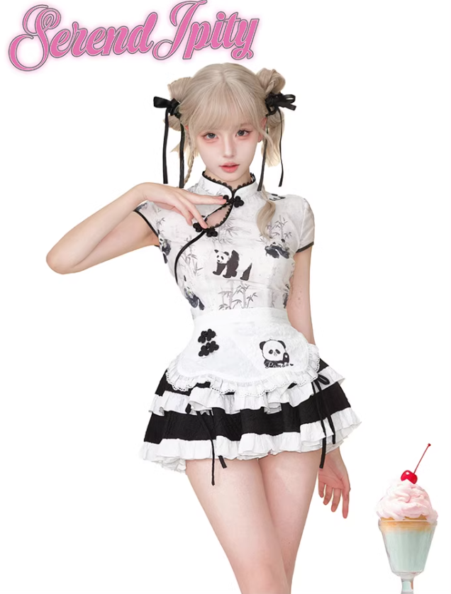 Chinese Style Panda Pattern Top & Ruffle Layered A-line Mini Skirt SER0023
