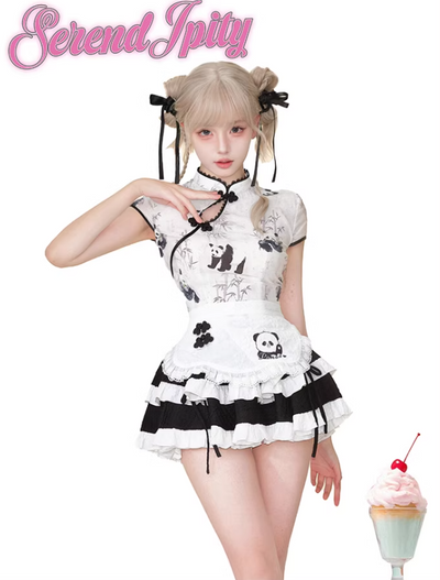 Chinese Style Panda Pattern Top & Ruffle Layered A-line Mini Skirt SER0023