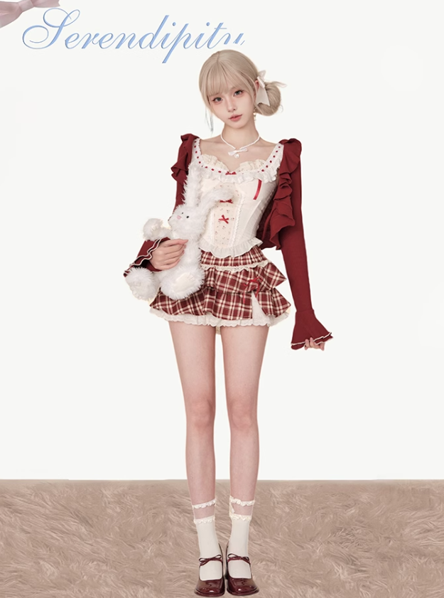 Flared Sleeve Ruffle Short Cardigan & Girly Ribbon Ruffle Top & Layered Ruffle Mini Plaid Skirt SER0037