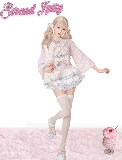 Kitten print pink happi style sweet top & lace ribbon belt & ruffle layered shorts SER0063