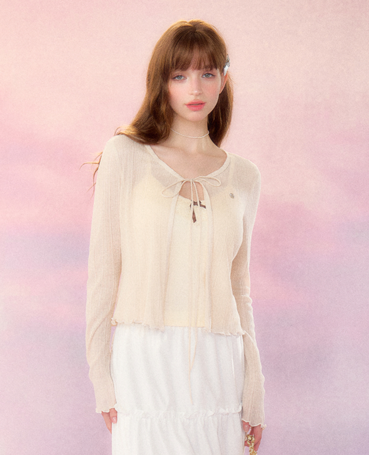 Natural color ribbon sheer slim cardigan SPE0046