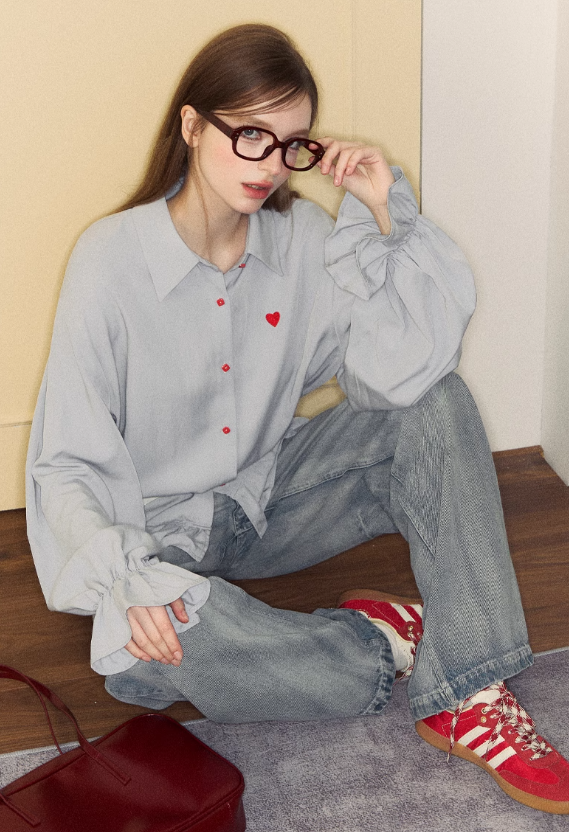 Frilled hem heart point loose style shirt SPE0050