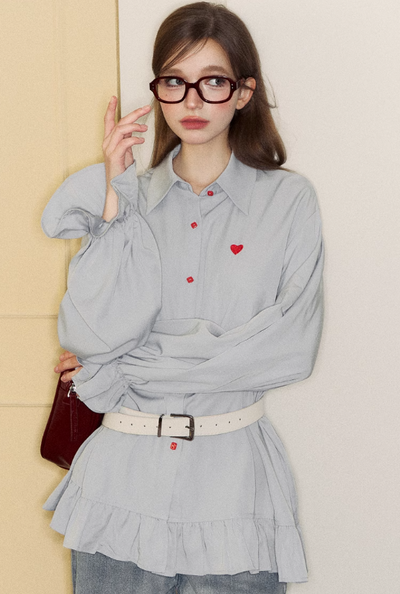 Frilled hem heart point loose style shirt SPE0050