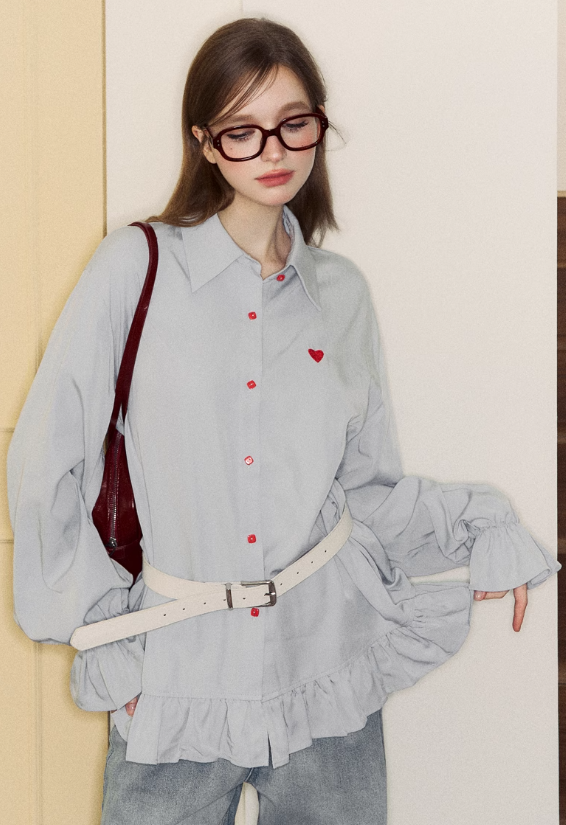 Frilled hem heart point loose style shirt SPE0050