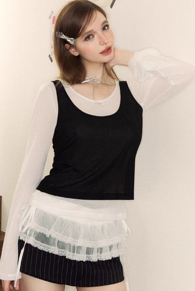 Lace Hem Layer Lightweight Flare Sleeve Top SPE0052