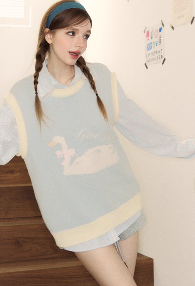 White Swan Pattern Bicolor Knit Loose Vest SPE0054