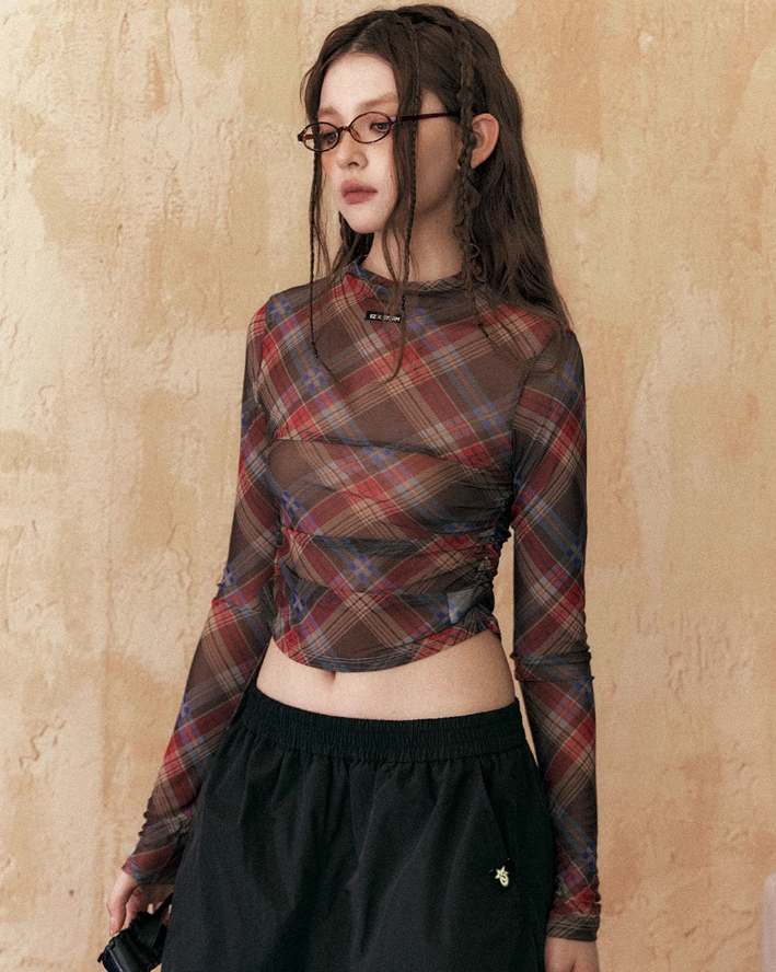 Slim Fit Retro Plaid Short/Long Sleeve T-shirt/Camisole/Skirt EZE0210