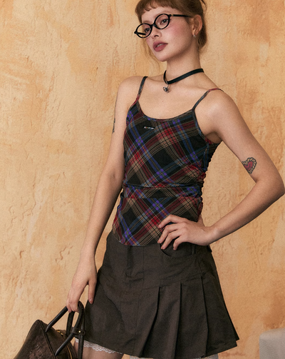 Slim Fit Retro Plaid Short/Long Sleeve T-shirt/Camisole/Skirt EZE0210