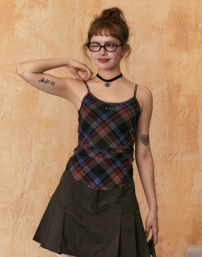 Slim Fit Retro Plaid Short/Long Sleeve T-shirt/Camisole/Skirt EZE0210