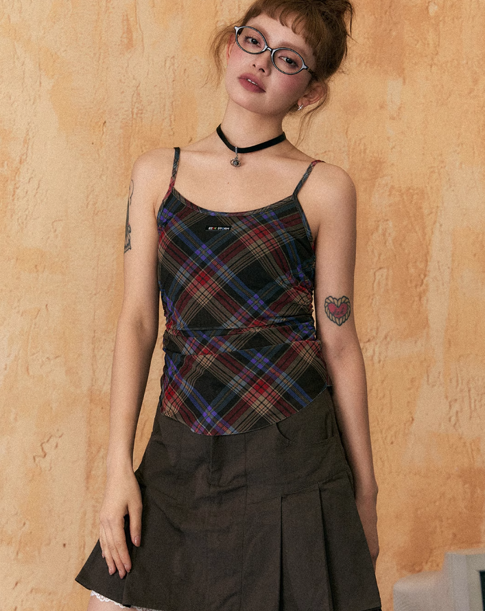 Slim Fit Retro Plaid Short/Long Sleeve T-shirt/Camisole/Skirt EZE0210