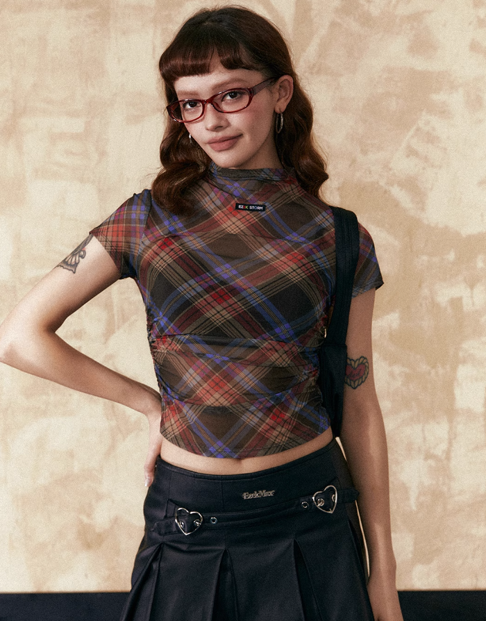 Slim Fit Retro Plaid Short/Long Sleeve T-shirt/Camisole/Skirt EZE0210