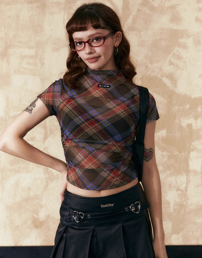 Slim Fit Retro Plaid Short/Long Sleeve T-shirt/Camisole/Skirt EZE0210