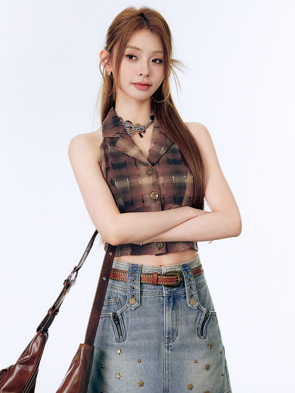 Plaid Old Waist Strap Sleeveless Tops LAC0195