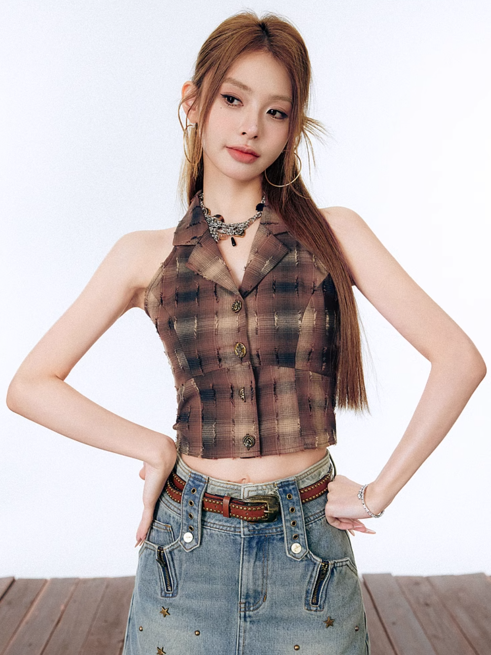 Plaid Old Waist Strap Sleeveless Tops LAC0195