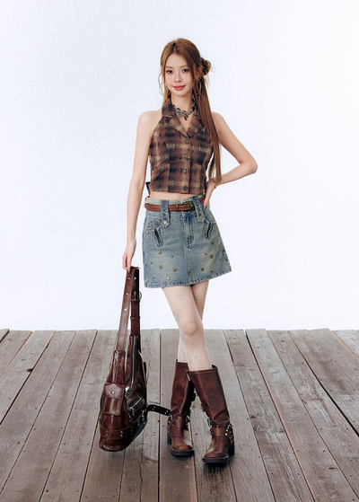 Plaid Old Waist Strap Sleeveless Tops LAC0195