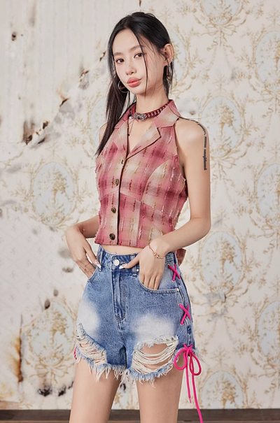 Plaid Old Waist Strap Sleeveless Tops LAC0195