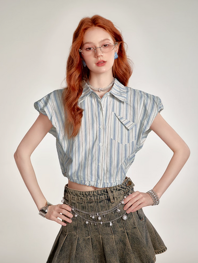 sleeve pleated blue and white striped shirt LAC0201