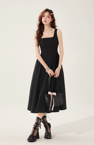 Hepburn Style Pleated Square Neck Suspender Dress LAC0218