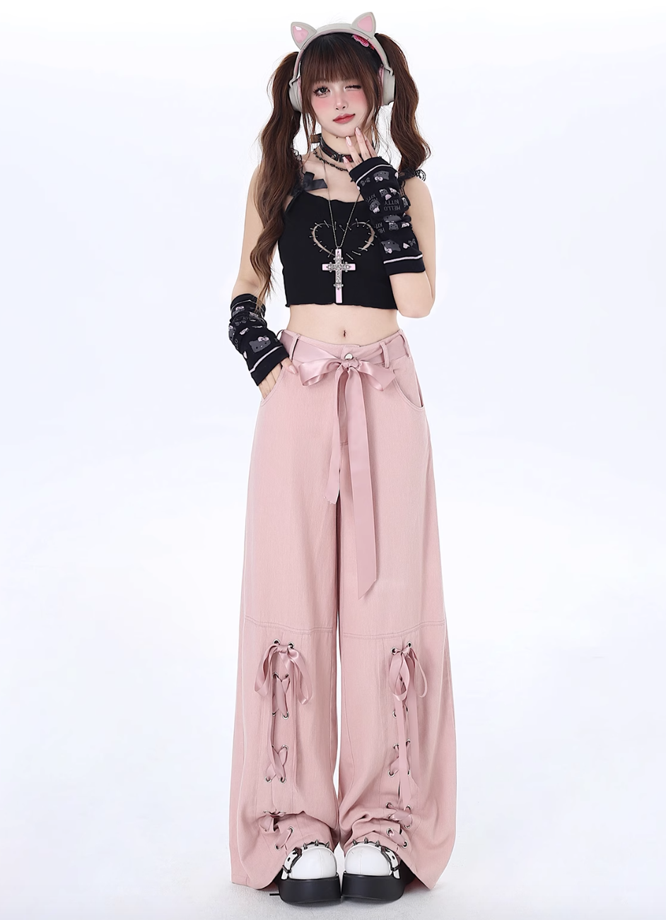 Ribbon strap workwear straight casual pants CRA0044