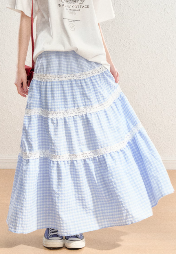 Lace Switched Checked Pattern Gathered Long Skirt SPE0057