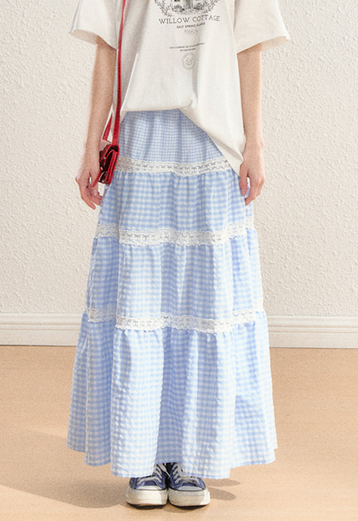 Lace Switched Checked Pattern Gathered Long Skirt SPE0057