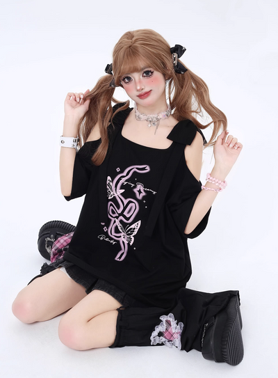 Sweet Girl Bowknot Off Shoulder T-Shirt CRA0070