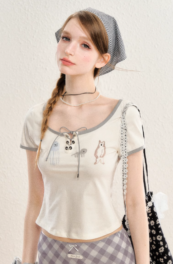 Small Animal Pattern Strap Round Neck Slim Girly T-Shirt SPE0069